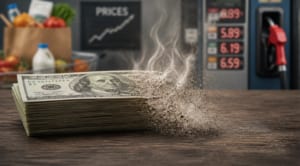 A conceptual image illustrating inflation, with a stack of money (e.g., dollar bills or euro notes) visibly shrinking or being eroded by an invisible force, perhaps represented by subtle heat waves or a 'deflating' effect. In the background, there could be a subtle blur of rising prices on common goods like groceries or a gas pump. The overall tone should be serious but informative, with a clear focus on the diminishing value of money. High quality, realistic, financial theme.