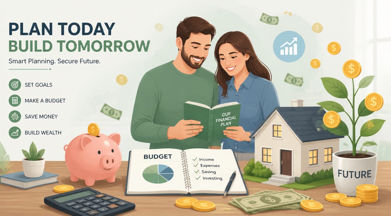 A modern flat-design illustration of a young couple standing beside a small dream house with a piggy bank and a growing money plant representing savings, dollar bills and coins floating around them, a calculator and open budget notebook on a wooden table, soft pastel color palette with green, blue, and warm beige tones, clean minimalist style, financial planning concept, high resolution, professional infographic aesthetic
