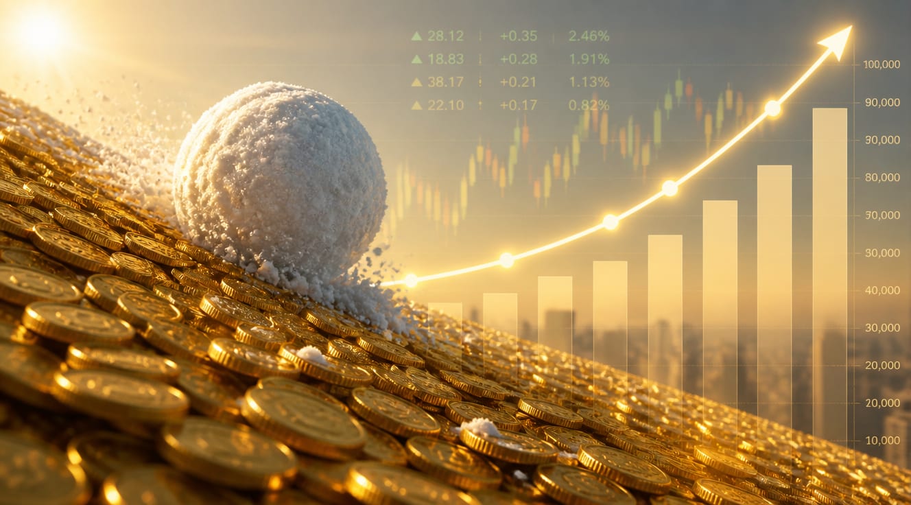 A visually striking conceptual illustration of compound interest, featuring a large snowball rolling down a hill of golden coins, growing larger as it descends, with a glowing exponential growth curve overlaid in the background. The scene is set against a clean, modern financial backdrop with subtle upward-trending stock charts and soft sunlight. Style: photorealistic with warm golden tones, shallow depth of field, cinematic lighting, ultra-detailed, 8K resolution, suitable for a finance blog hero image.
