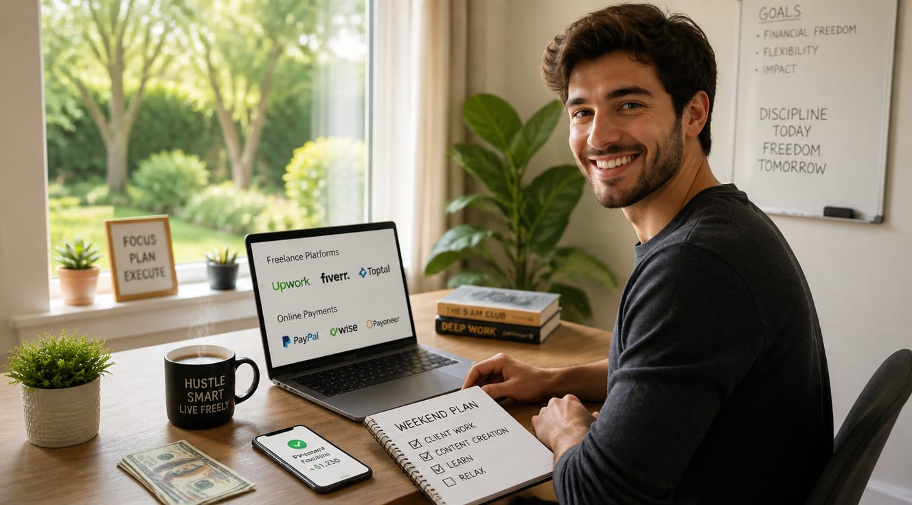 A bright, modern home office scene on a sunny weekend morning: a young professional sitting at a minimalist wooden desk with a laptop open, a steaming coffee mug beside it, and a notebook with handwritten plans. Soft natural light streams through a window with a view of a green garden. On the laptop screen, subtle icons representing freelance platforms and online payments are visible. A small potted plant, a smartphone showing a notification, and a few dollar bills casually placed on the desk hint at earning potential. Warm, aspirational, lifestyle photography style, shallow depth of field, vibrant yet calm color palette with greens, warm woods, and soft whites, ultra-realistic, 4K, editorial quality.