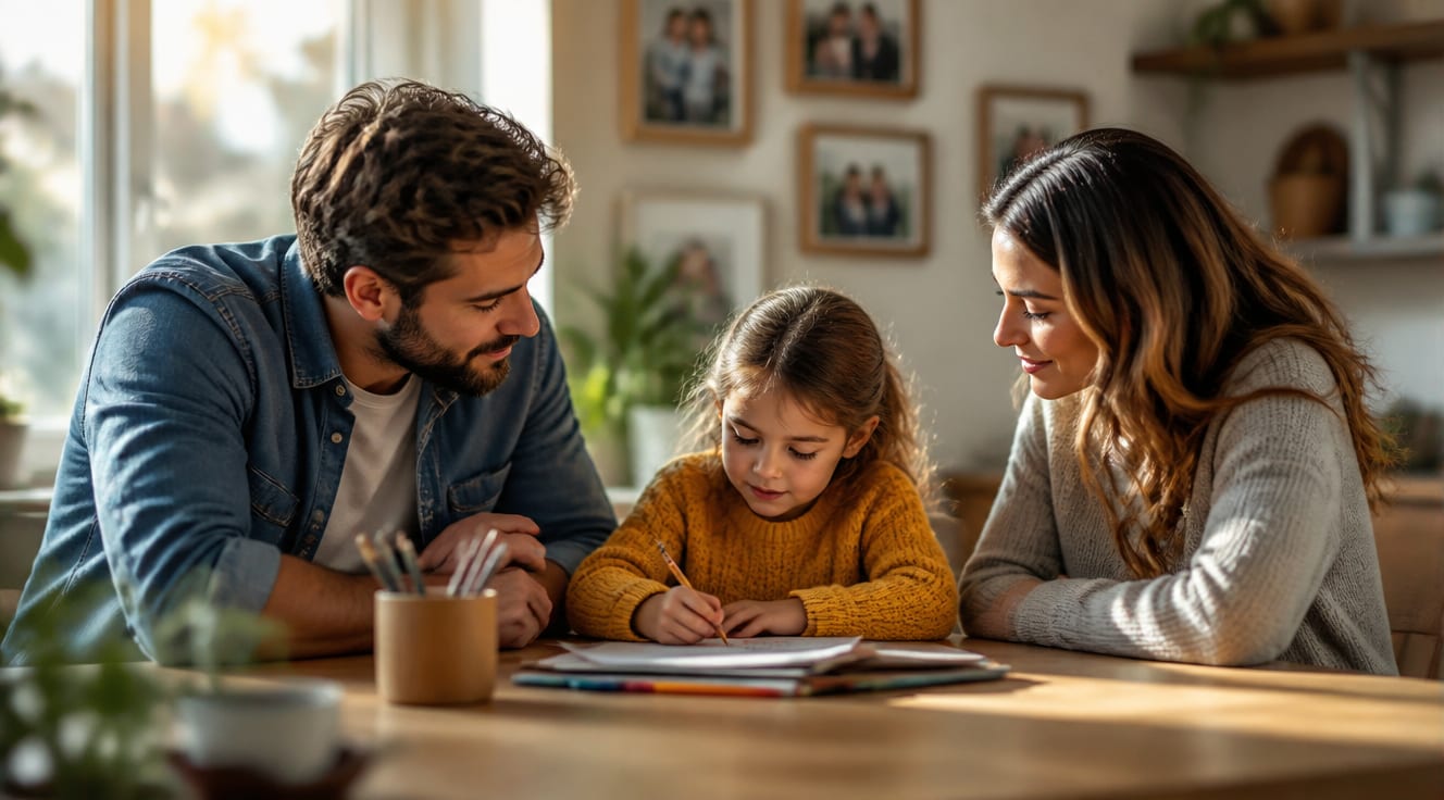A warm, softly lit photograph of two adults sitting at a kitchen table with a young child between them, both parents looking attentively at the child with gentle, supportive expressions. The scene conveys cooperation, calm, and mutual respect. Natural daylight streams through a window, casting soft shadows. The setting is a cozy, modern home interior with neutral tones, plants, and family photos on the wall. Shot in a documentary-style realism with shallow depth of field, cinematic color grading, and an emotional, hopeful atmosphere. High resolution, professional photography style.