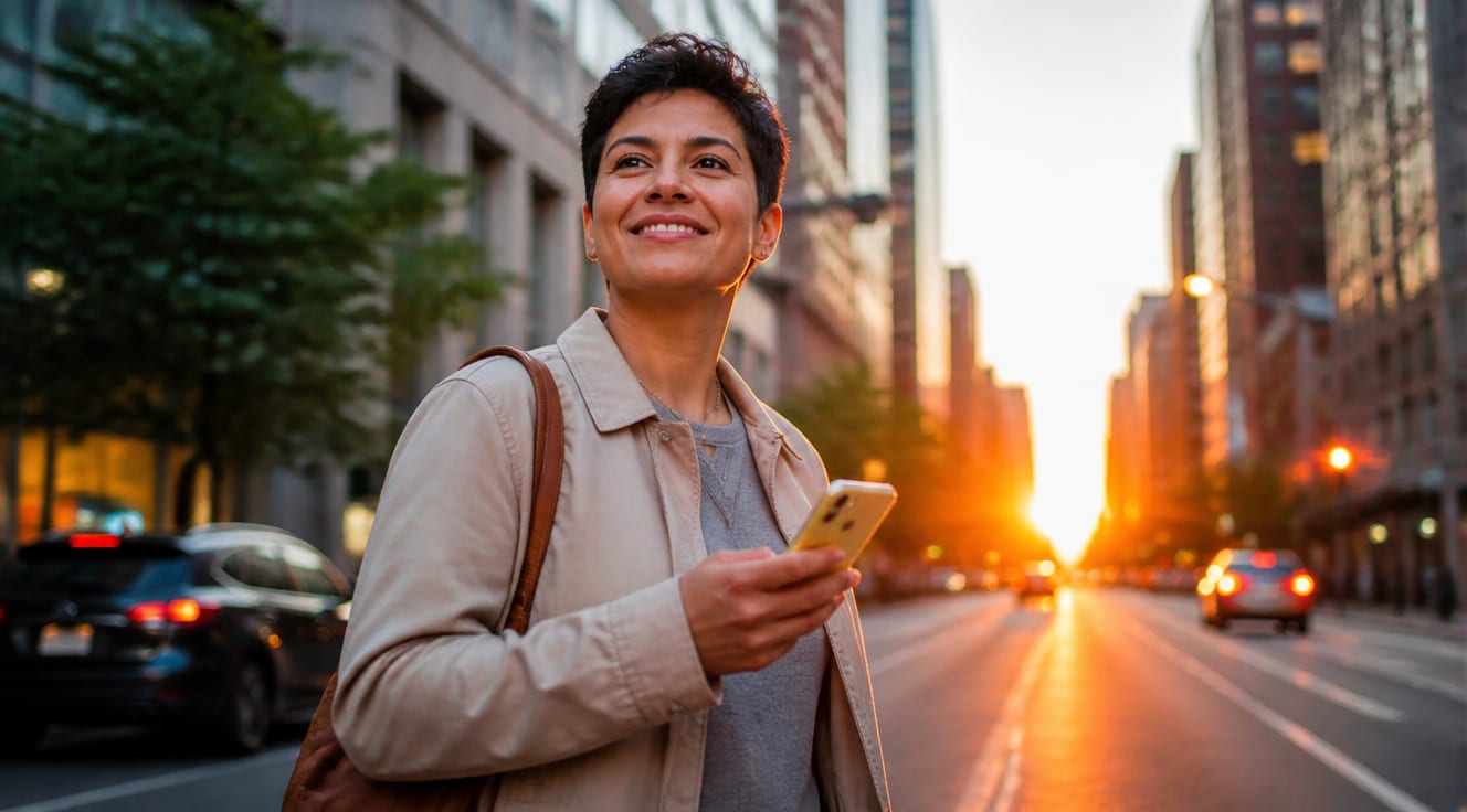 A vibrant, optimistic image of a person (gender neutral, 30s-40s) smiling confidently while looking forward, perhaps subtly interacting with a modern dating app on a smartphone, or walking towards a bright, slightly blurred city background at sunset. Emphasize new beginnings, hope, and modern connection. High-quality, realistic photography style with warm, inviting colors.