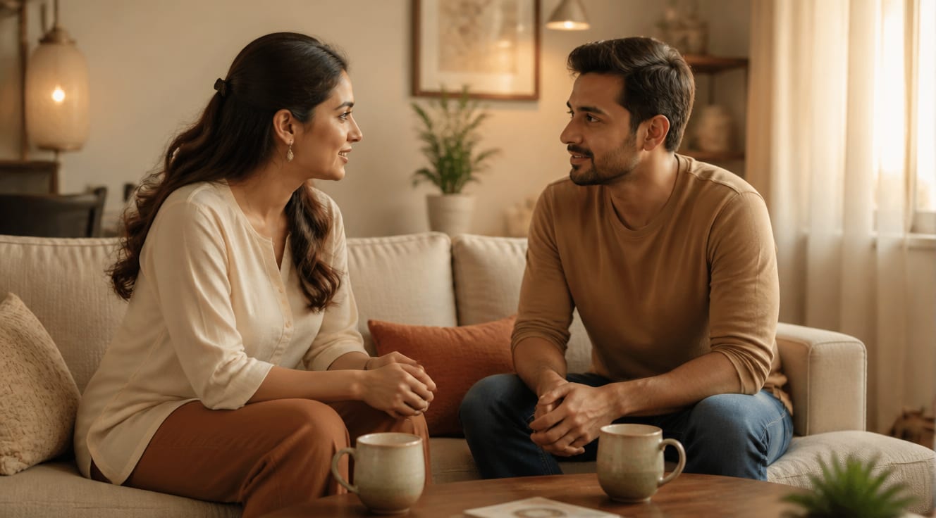 A warm, photorealistic scene of a couple sitting face-to-face on a cozy sofa in a softly lit modern living room, having a calm and respectful conversation. Both partners maintain gentle eye contact, with open body language — relaxed shoulders, hands resting openly, no crossed arms. A subtle golden-hour glow streams through sheer curtains, casting warm light on neutral-toned walls, a small plant, and two mugs of tea on a wooden coffee table between them. The mood is intimate, safe, and emotionally grounded, conveying mutual respect and active listening. Shot at eye level with shallow depth of field, editorial lifestyle photography style, soft natural color palette of beige, warm white, and muted terracotta, high resolution, cinematic lighting.