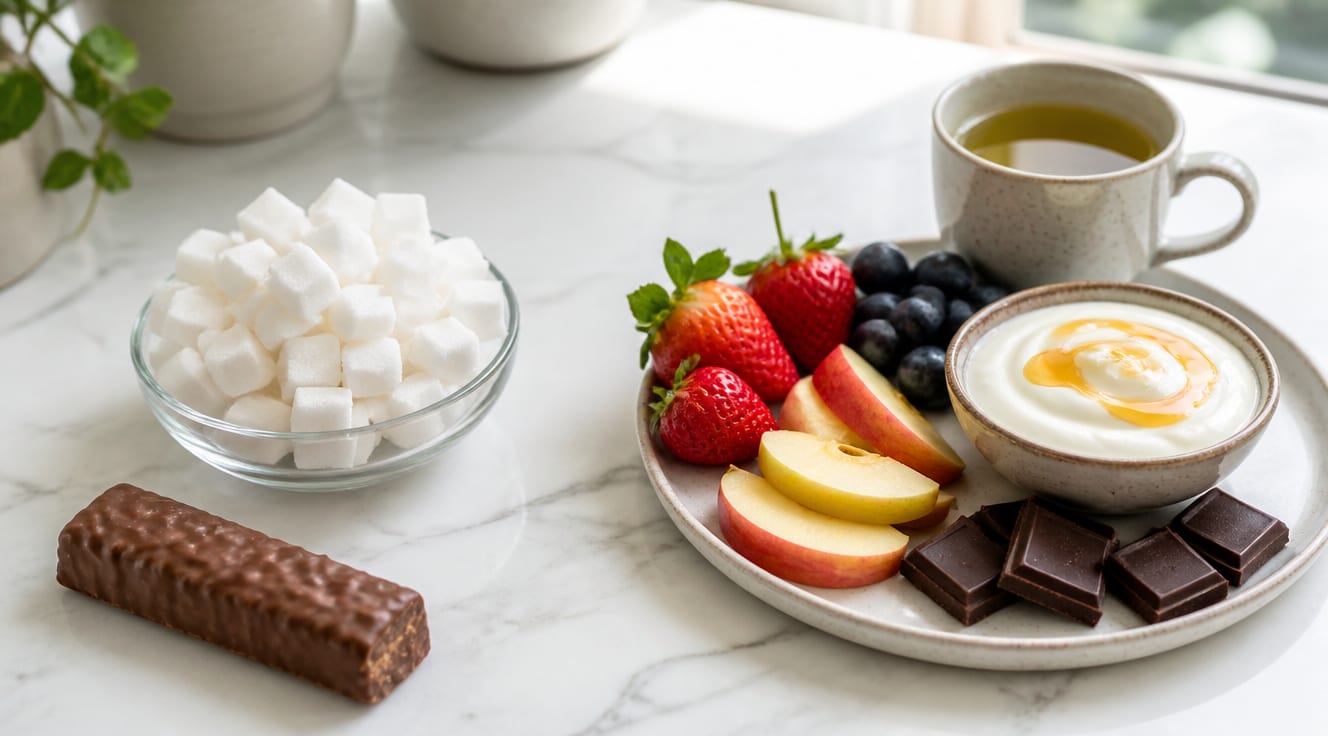 A bright, modern flat-lay photograph on a clean white marble countertop showing a visual contrast between unhealthy and healthy foods: a small glass bowl overflowing with white sugar cubes and a candy bar on one side, balanced by fresh fruits like strawberries, blueberries, and apple slices, a bowl of Greek yogurt with honey drizzle, dark chocolate squares, and a cup of herbal green tea on the other side. Soft natural daylight from a window, shallow depth of field, minimalist composition, warm tones, high resolution, editorial food photography style, 4K, no text overlay.