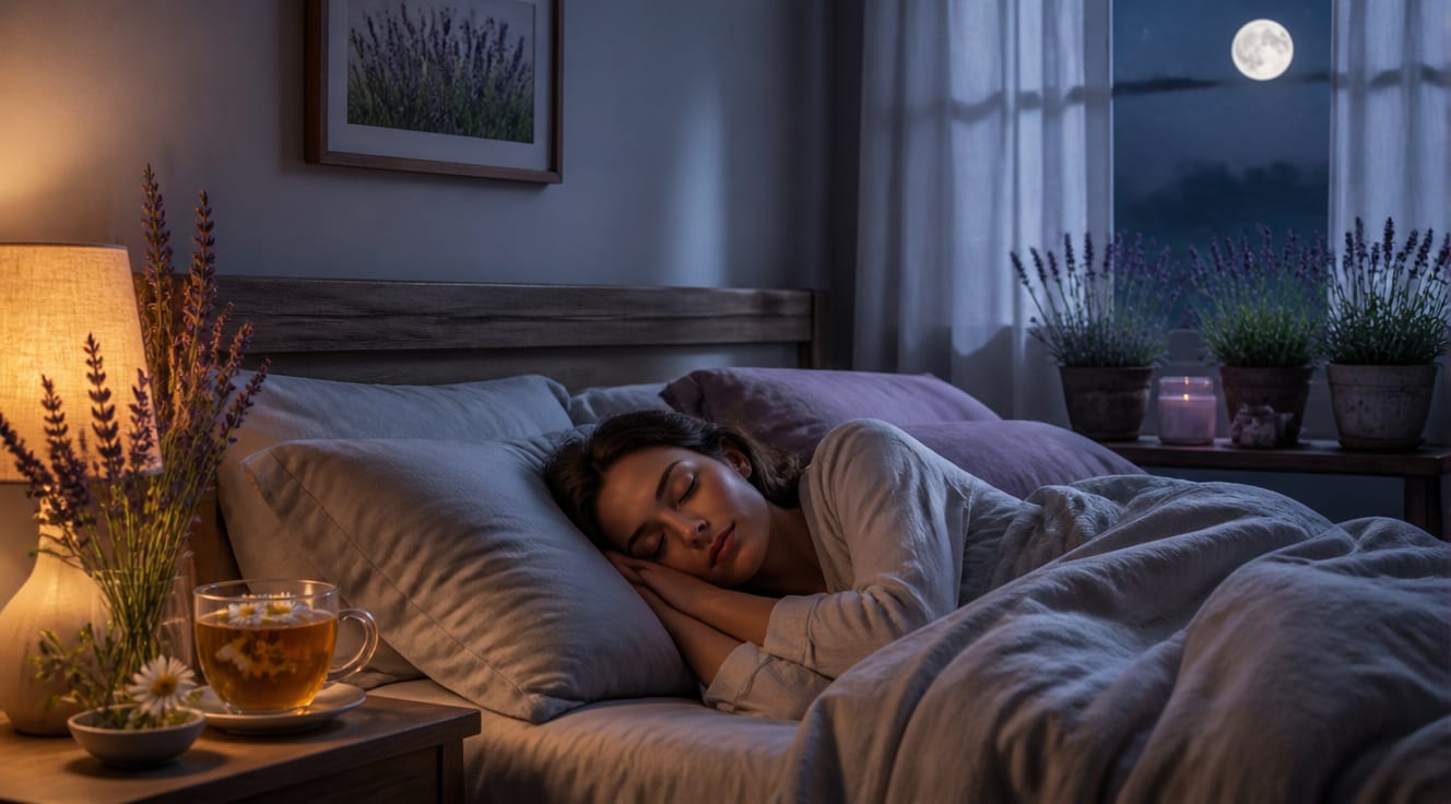 A serene, dimly lit bedroom at night with soft moonlight streaming through sheer curtains, a person peacefully sleeping in a cozy bed with natural linen sheets, warm ambient bedside lamp with golden glow, a cup of chamomile herbal tea on the wooden nightstand, lavender plants on the windowsill, calming blue and lavender color palette, peaceful and restful atmosphere, photorealistic style, soft focus, high quality, 4K resolution, magazine editorial photography