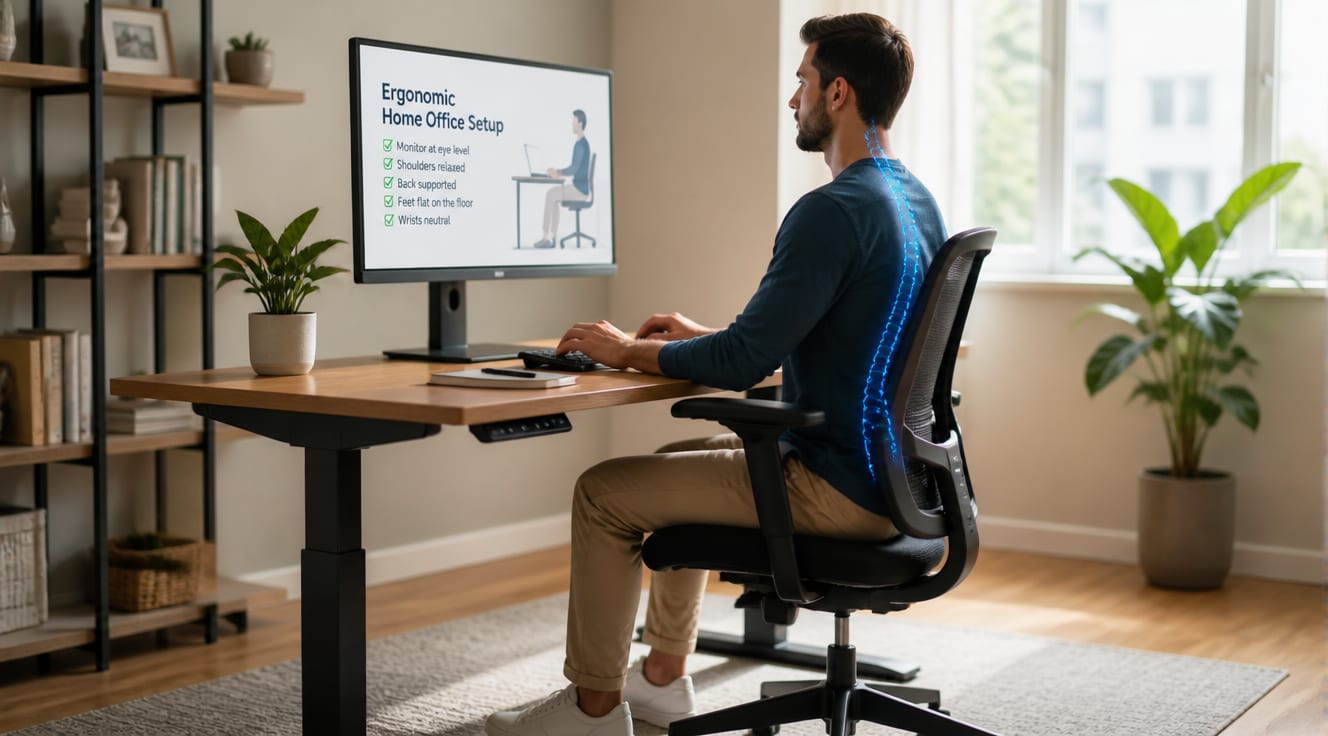 A bright, modern home office scene featuring a person sitting at an adjustable sit-stand desk, viewed from a three-quarter angle. The subject is demonstrating perfect posture: straight spine, relaxed shoulders, monitor at eye level, feet flat on the floor, with a subtle blue alignment guide overlay on the spine. Soft natural daylight streams through a window, a green plant sits beside the monitor, and a small notebook with a pen rests on the desk. Photorealistic, clean composition, warm tones, shallow depth of field, 4K editorial style photography.