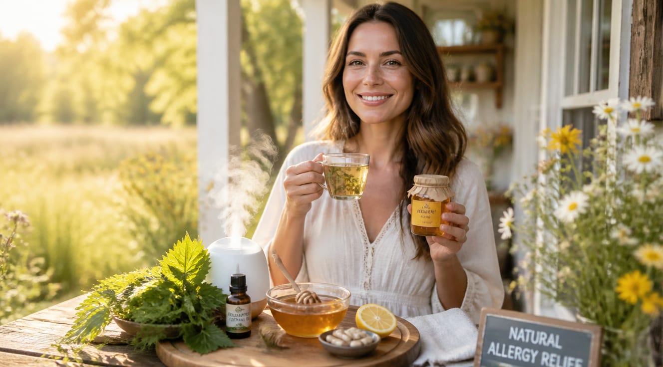 A warm, softly lit lifestyle photograph of a woman in her early 30s standing on a sunlit wooden porch surrounded by blooming wildflowers and floating pollen particles. She holds a steaming cup of herbal tea in one hand and a small jar of local honey in the other, smiling peacefully with clear, bright eyes. In the foreground, a rustic wooden tray displays natural allergy remedies: fresh nettle leaves, a slice of lemon, a bowl of raw honey, a diffuser with eucalyptus essential oil, and a few quercetin-rich capsules. The background features a blurred spring meadow with golden sunlight filtering through trees. Shot in soft natural daylight, shallow depth of field, editorial health and wellness style, ultra-realistic, high resolution, calming pastel color palette with greens, yellows, and warm whites.
