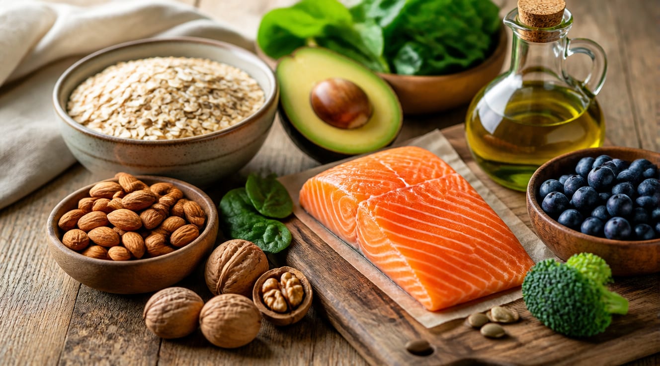 A vibrant, professional flat-lay photograph of heart-healthy foods arranged on a rustic wooden table: fresh avocado slices, oats in a ceramic bowl, almonds and walnuts, salmon fillet, blueberries, an olive oil bottle, and green leafy vegetables. Soft natural lighting from the side, shallow depth of field, warm earthy tones, clean minimalist composition, 4K quality, editorial food photography style, no text or logos.
