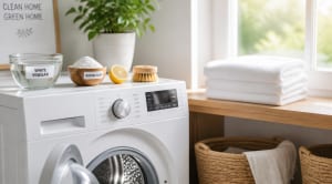 A bright, modern laundry room with a clean white front-loading washing machine, its door open showing a sparkling drum. On top of the machine sits a glass bowl filled with white vinegar, a small wooden bowl of baking soda powder, a natural bristle scrub brush, and a fresh lemon cut in half. Soft natural sunlight streams through a nearby window, illuminating a folded stack of white towels on a wooden shelf. The scene conveys freshness, cleanliness, and eco-friendly living, with a minimalist Scandinavian aesthetic, soft pastel tones, and shallow depth of field for a high-end editorial photography style.