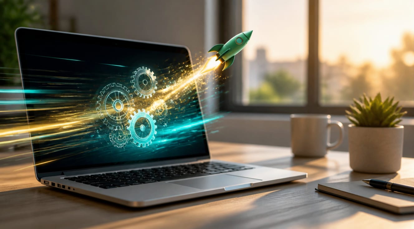 A modern silver laptop on a clean minimalist wooden desk with glowing teal and gold speed lines and floating translucent gears emanating from the screen, symbolizing performance optimization and speed boost. Soft warm sunset light streams through a window in the background, casting a gentle glow on the keyboard. A small green rocket icon floats above the laptop. Clean editorial tech photography style, shallow depth of field, 4K resolution, realistic textures, professional product photography aesthetic, no text or logos.