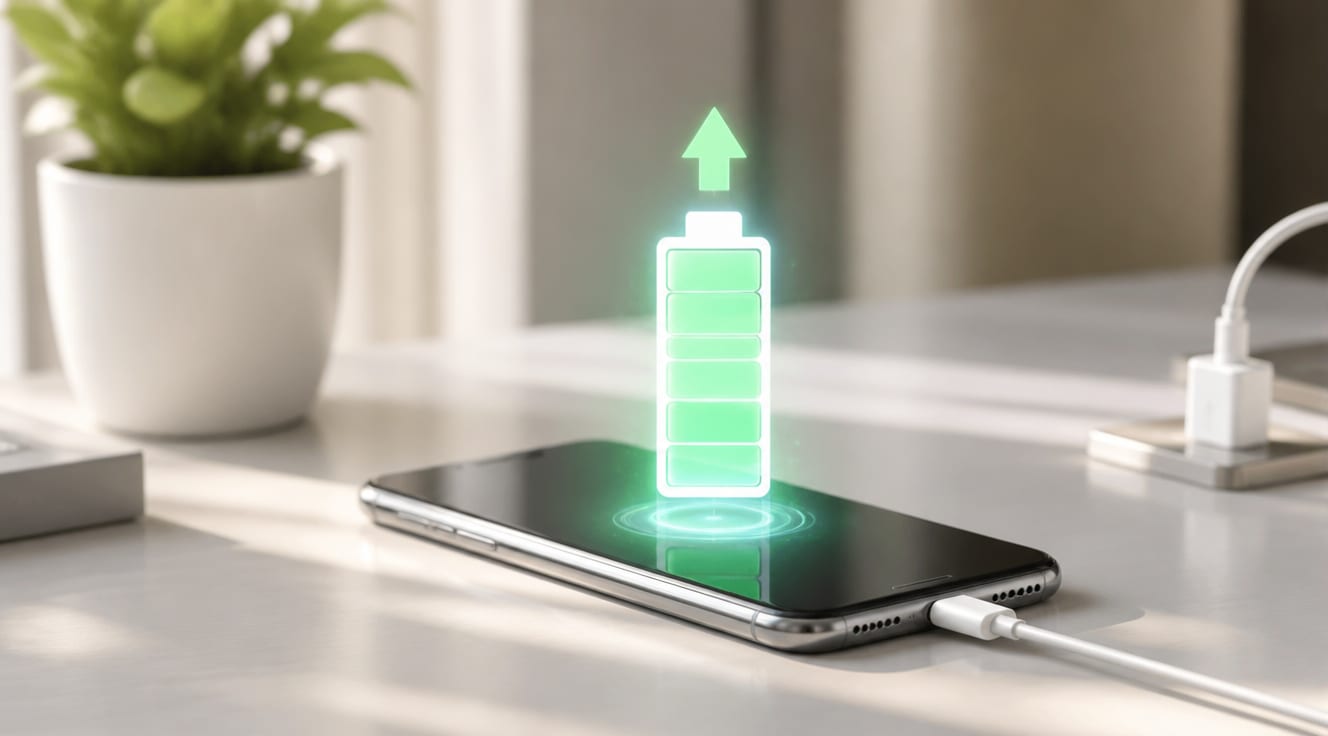 A sleek modern smartphone displayed on a minimalist desk, viewed at a slight angle, with a glowing holographic battery icon expanding above the screen showing a full green charge and upward arrow. Soft natural daylight from the left, shallow depth of field, a small charging cable and a healthy plant in the blurred background. Warm, clean aesthetic, photorealistic, editorial tech photography style, high-resolution, neutral color palette with green accents.