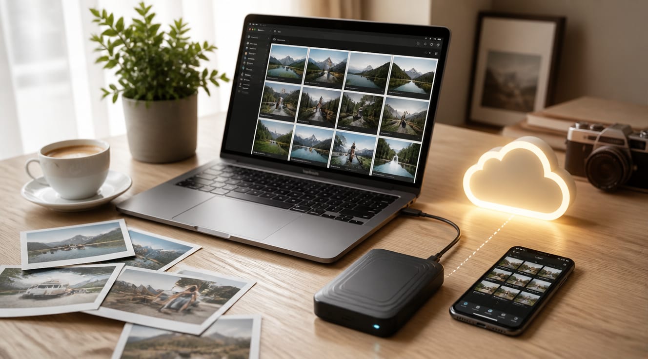 A clean, modern flat-lay photograph on a light wooden desk featuring a laptop displaying a photo gallery, a sleek external hard drive, a smartphone, and a glowing cloud icon illustration. Scattered printed photographs, a coffee cup, and a small green plant add warmth. Soft natural window lighting from the left, minimalist lifestyle style, shallow depth of field, warm color palette, high-resolution professional blog header composition.