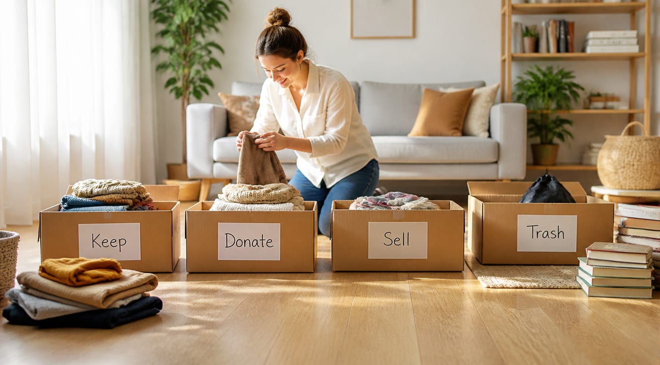 A bright, sunlit modern living room mid-transformation during a weekend decluttering session. In the foreground, four labeled cardboard boxes (Keep, Donate, Sell, Trash) sit on a light wooden floor, with neatly folded clothes and books beside them. A person kneels while sorting items, surrounded by tidy stacks. The background shows a clean, minimalist sofa and freshly organized shelves. Soft natural light streams through sheer white curtains, warm and inviting atmosphere, realistic photography style, shallow depth of field, cozy Scandinavian interior design, 4K quality, editorial home magazine aesthetic.