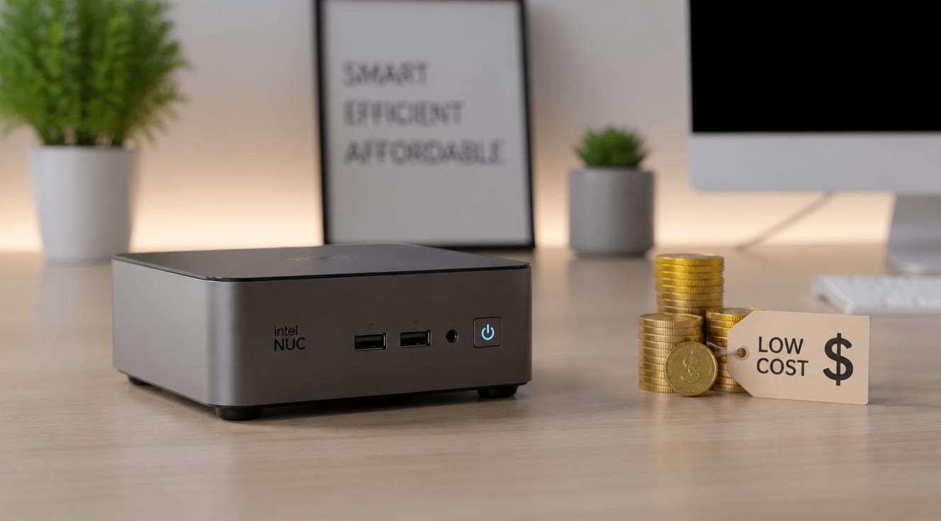 A sleek, modern mini PC (e.g., Intel NUC, Mac Mini style) sitting on a minimalist desk. Next to it, a stack of shiny coins or a small price tag indicating 'low cost' or a dollar sign. The background should be clean, slightly blurred, and evoke a sense of smart financial choice and technological efficiency. Emphasize compact design and affordability. High-quality, realistic, tech photography style with soft, inviting lighting.