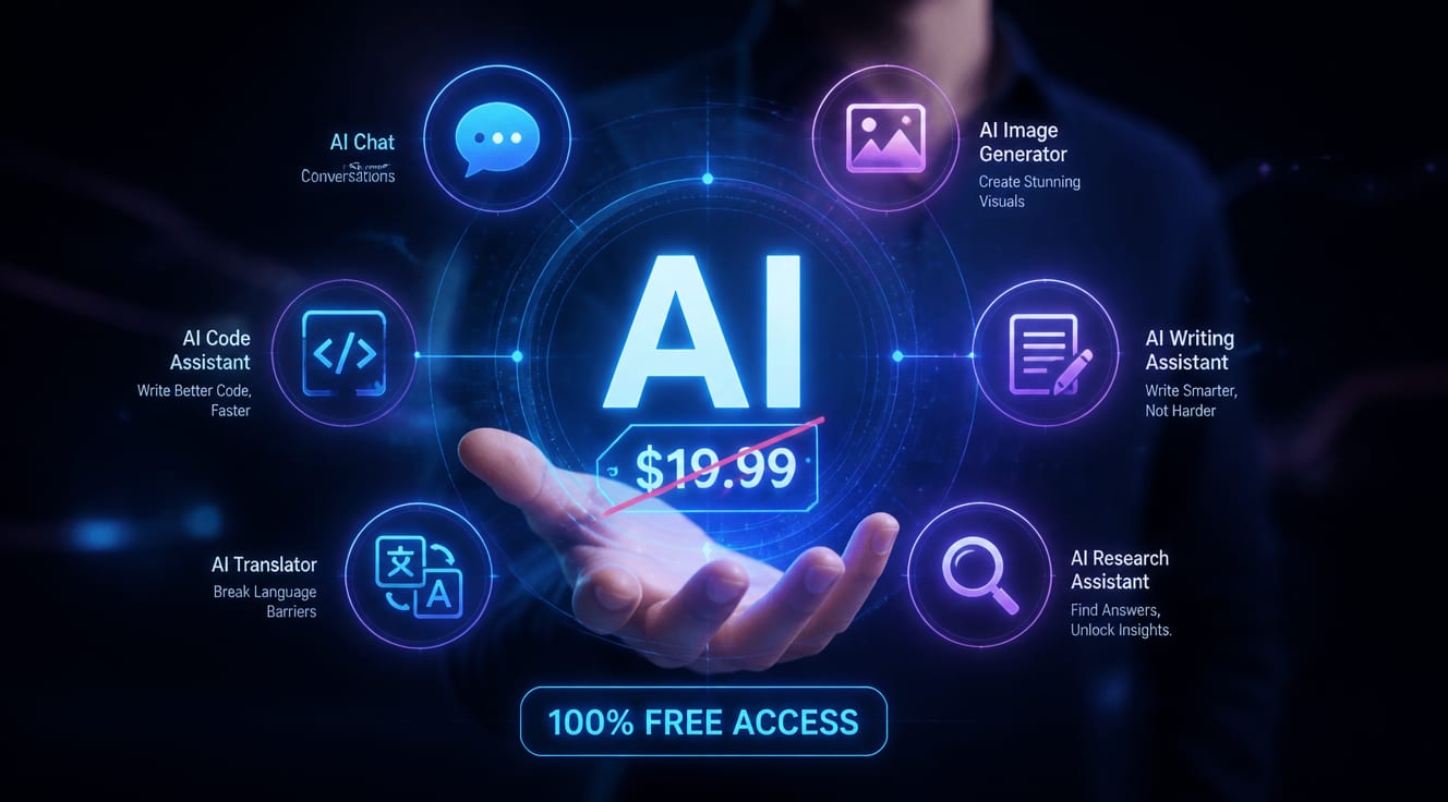 A sleek, modern digital illustration showing a glowing holographic interface with multiple floating AI app icons arranged in a circle, including a chat bubble, an image generator, a code editor, and a writing assistant. Soft neon blue and purple gradients on a dark background, with subtle light rays and particle effects. The center features a large glowing 'AI' text with a small price tag crossed out, symbolizing free access. Ultra-detailed, futuristic, professional tech aesthetic, 4K quality, cinematic lighting.