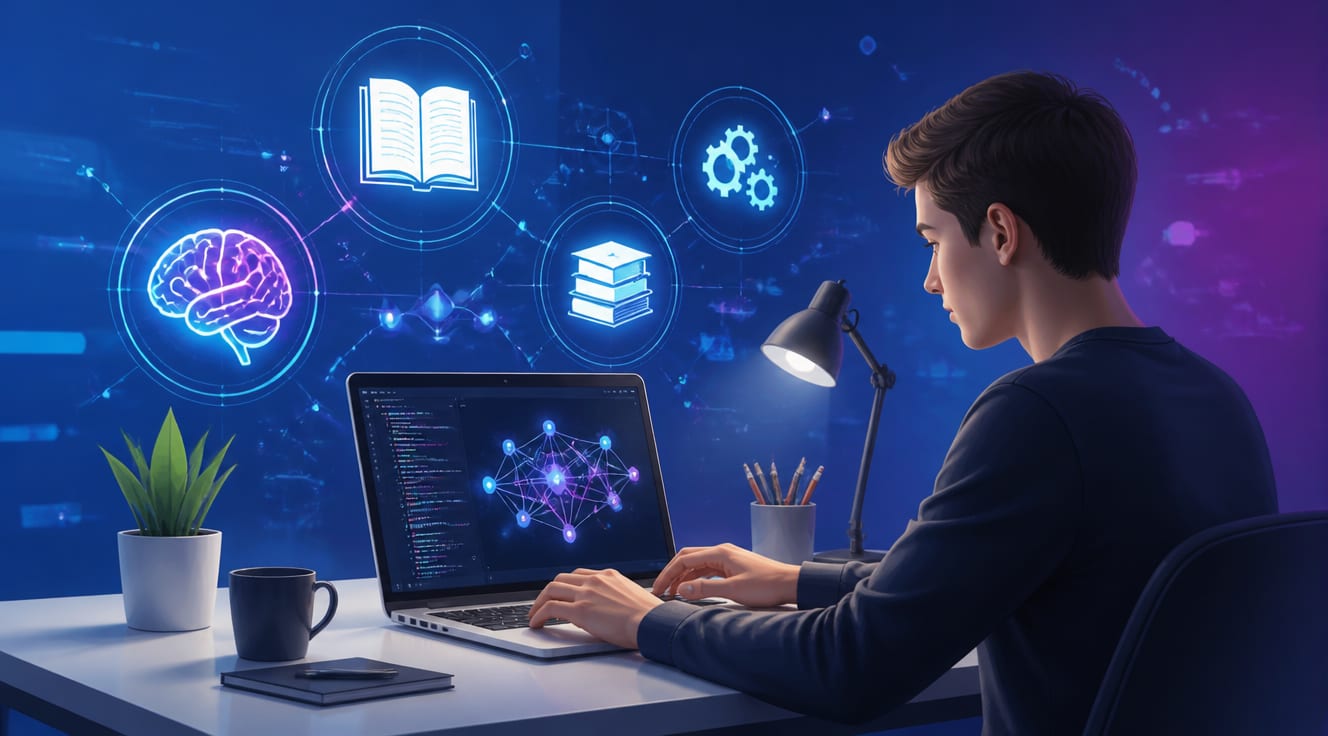 A bright, modern flat illustration of a young professional sitting at a clean minimalist desk with a laptop displaying colorful neural network diagrams and code. Around them float holographic icons representing books, online courses, gears, and AI brain symbols. Soft gradient background in deep blue and purple tones with subtle glowing particles. The scene conveys self-study, curiosity, and technological empowerment. High resolution, digital art style, clean composition, no text.