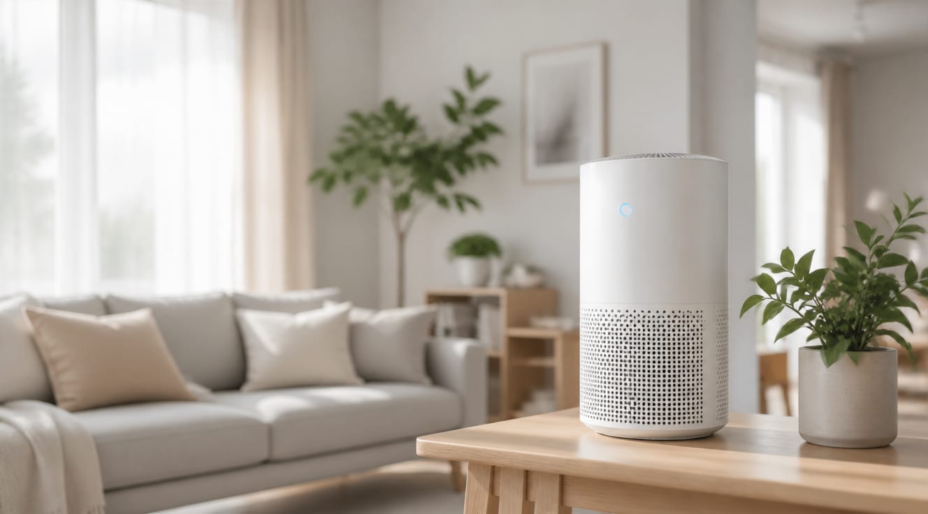A bright, modern minimalist living room with soft natural daylight streaming through large sheer curtains. In the foreground, a sleek white cylindrical air purifier with a subtle blue indicator light sits on a light oak side table. The room feels fresh and airy, with a hint of green plants in the background and a comfortable neutral-toned sofa. The atmosphere conveys clean, healthy indoor air. Photorealistic, high-resolution, 4K, warm and cool tones balanced, lifestyle photography style, shallow depth of field, no people, no text.