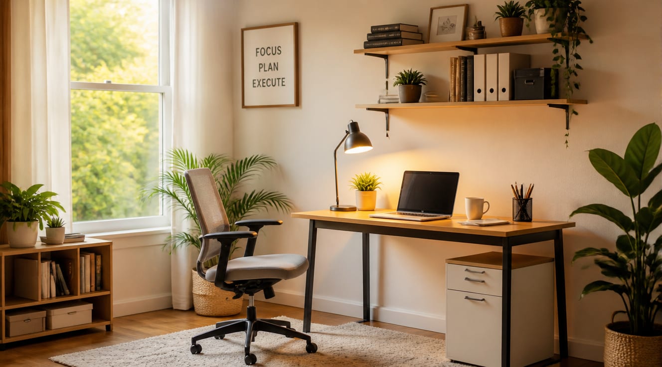 A bright, cozy home office setup on a budget, featuring a simple wooden desk with a modern laptop, an affordable ergonomic chair, a warm desk lamp, small potted plants, and floating shelves with books and organizers. The room has large windows with natural daylight streaming in, neutral beige and white walls, a soft area rug, and a minimalist Scandinavian aesthetic. Warm, inviting tones, soft golden hour lighting, photorealistic interior photography, shallow depth of field, high resolution, lifestyle editorial style.